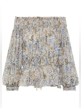 Redemption Silk Chiffon White Blue Beige Floral Print Paisley Smocked Blouse 8